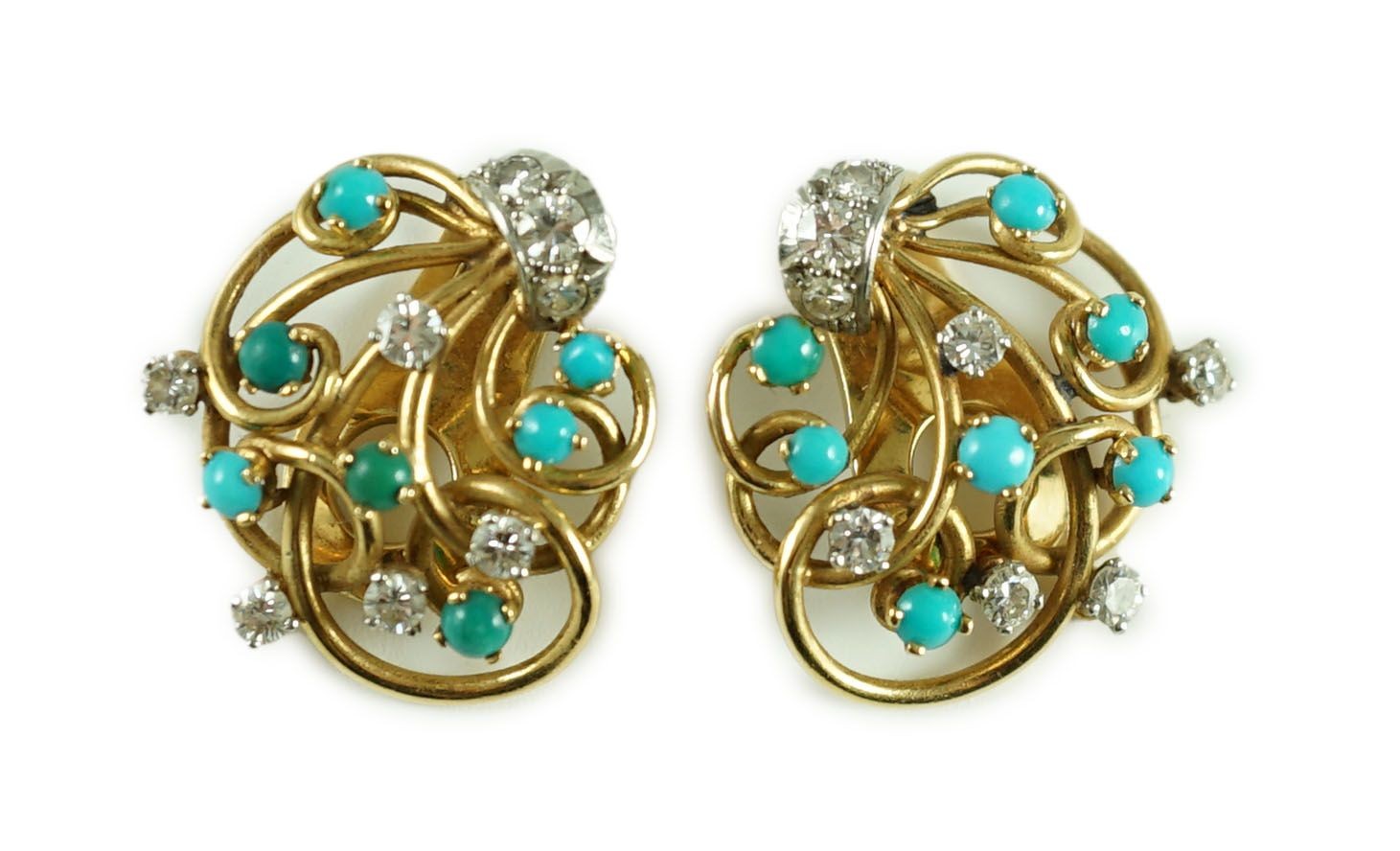 A pair of modern 18k gold diamond and turquoise cluster set scrolling ear clips